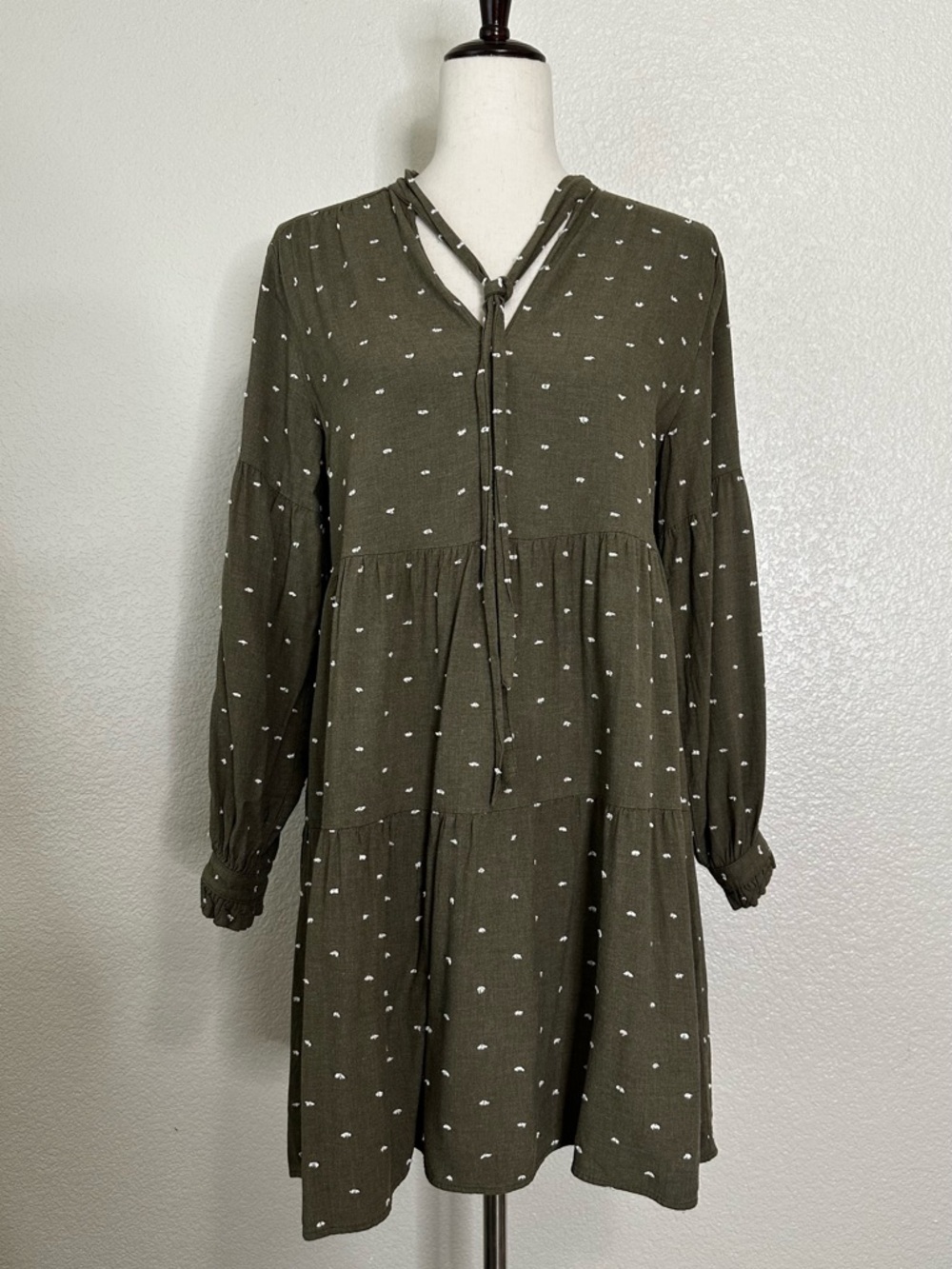 Zara Olive Green Swiss Dot V-neck Long Sleeves Dress, Sz Small